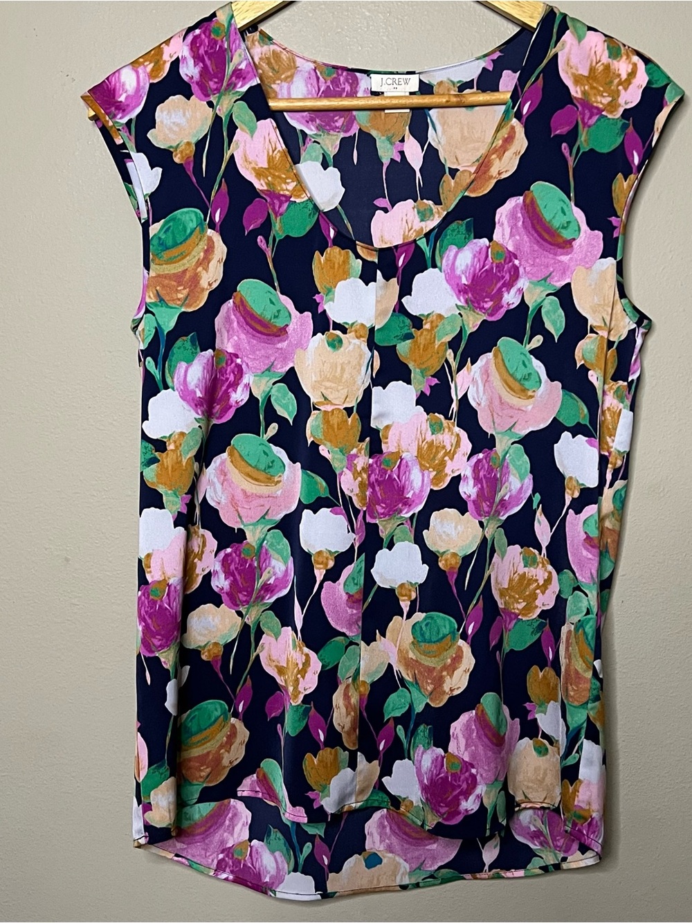 J.Crew Factory Floral Blouse Women Size 2 Navy Green Yellow Cap Sleeve